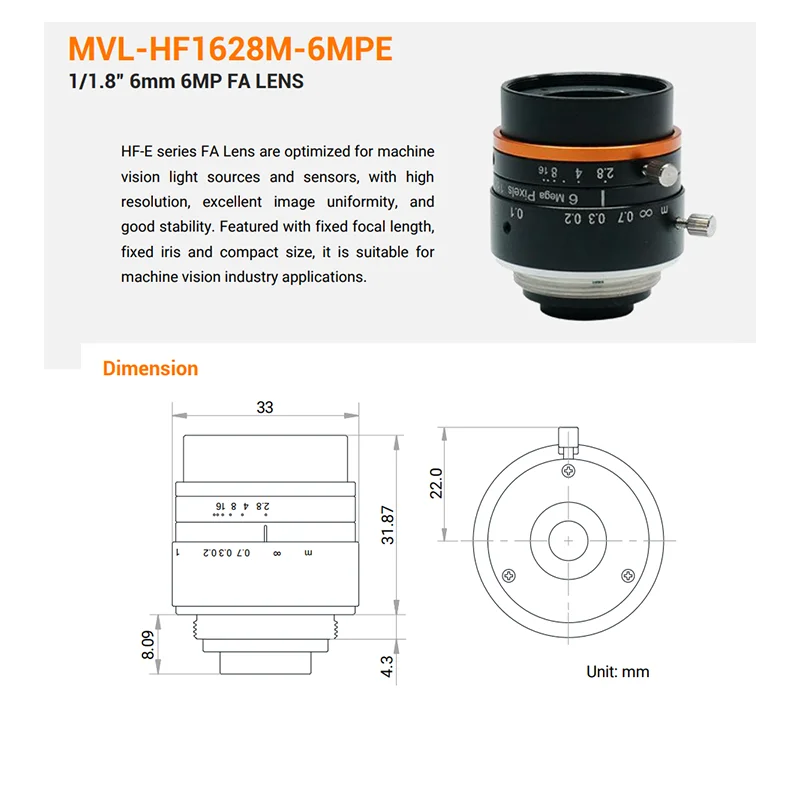 HIKROBOT MVL-HF1628M-6MPE 1/1.8” 6mm 6MP FA LENS
