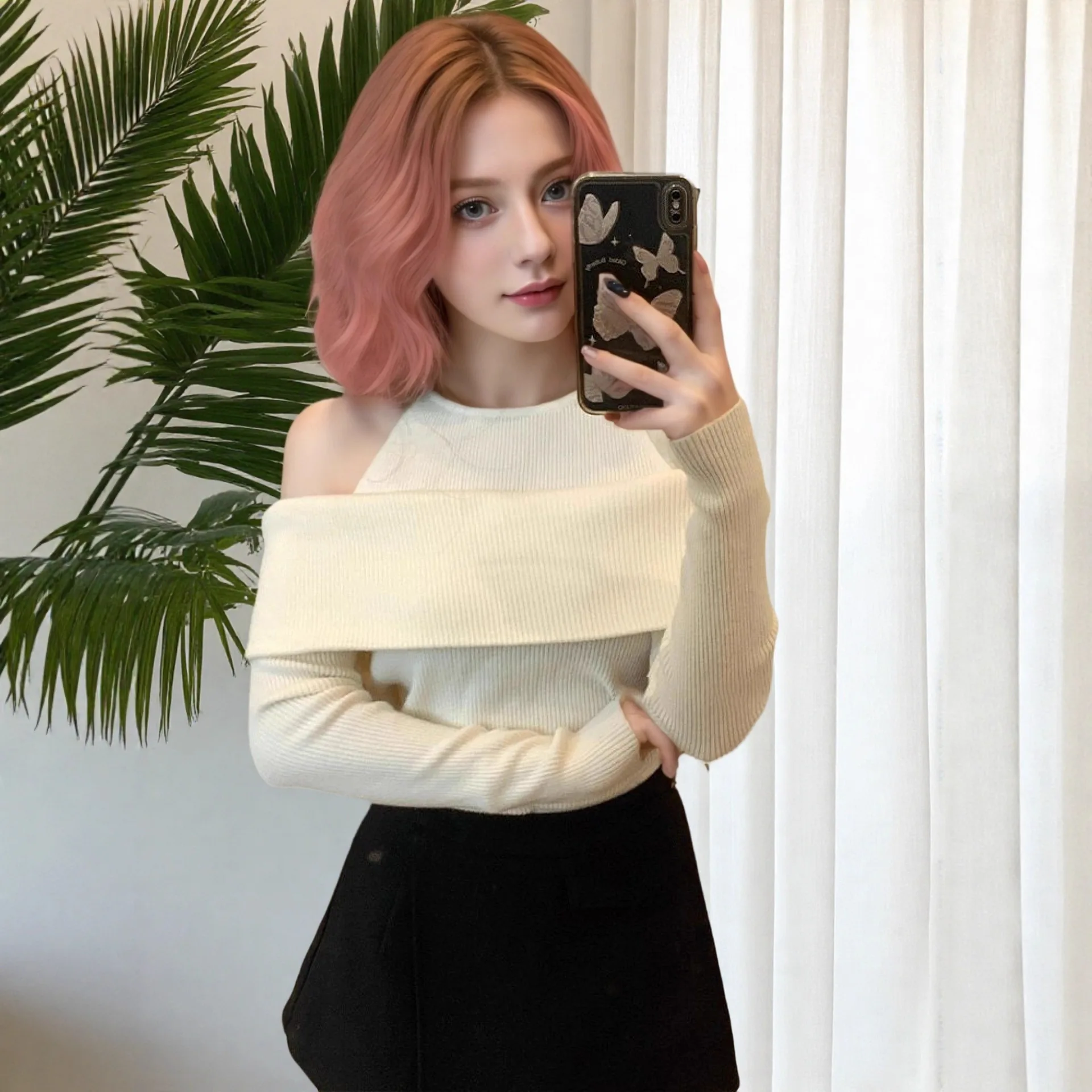 

Sexy Knitted oulder Bared Long Sve Ne Hanging Sweater Inner Wear Slim Fit Top Women's Faion Autumn 2025 Cross Border