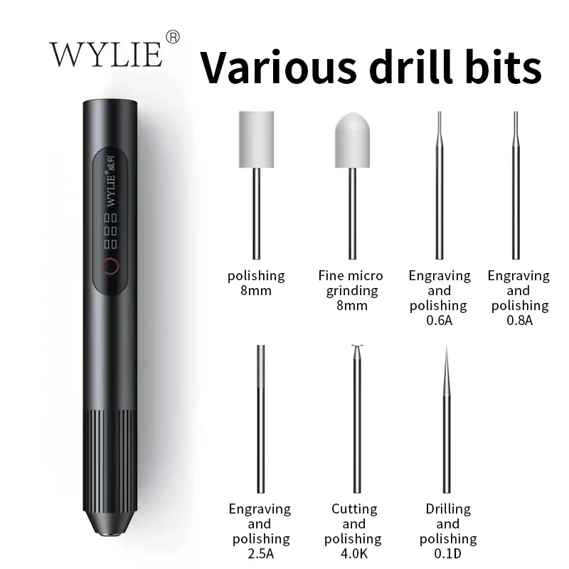 WYLIE Smart Electric Sanding  Grinding pen for Mobile Chips Polishing/ 9 pieces Polish tips/USB/Type-C Charger/Polishing/Cutting