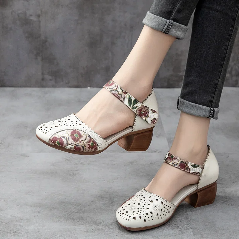 2024 new style Women Genuine Leather Shoes Sandals High Heel Summer Cool Beach Hollow Flowers shoes Female luxury sandals women