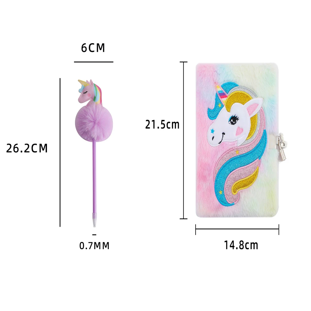 Cute Plush Cartoon Unicorn With Lock Notebook Ball Pen Set Gift Children\'s Kawaii Daily Handbook Kid Gifts