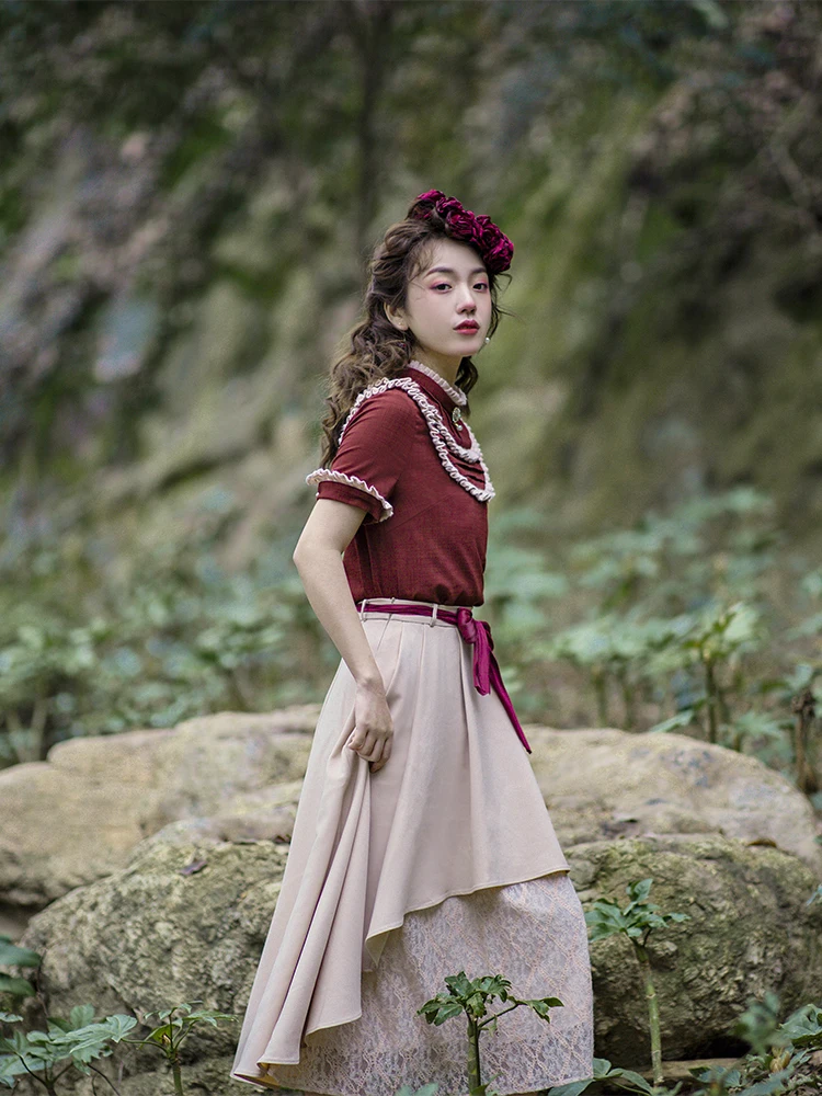 

Original Design Scholarly Short Sleeve Shirt Two-Piece Set Spring Summer New Vintage Fashion Women's Clothing Polyester