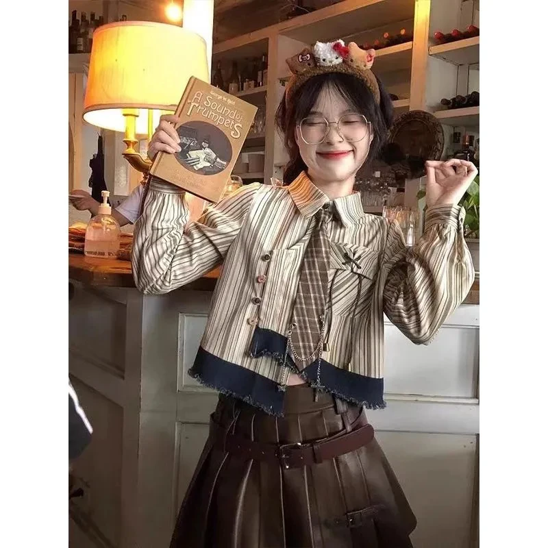 

Vintage Striped Short Shirts Women 2025 New Long Sleeve Button Design Crop Top Preppy Style Sweet Irregular Chic Blouse