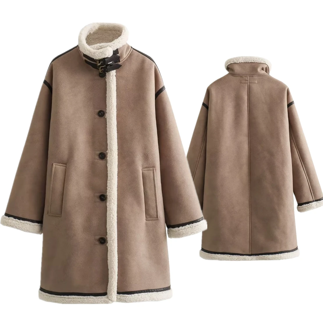

Dave&Di British Fashion Retro Single Breasted Trench Jacket Suede Casual Straight Coat Tube Winter Long Jacket
