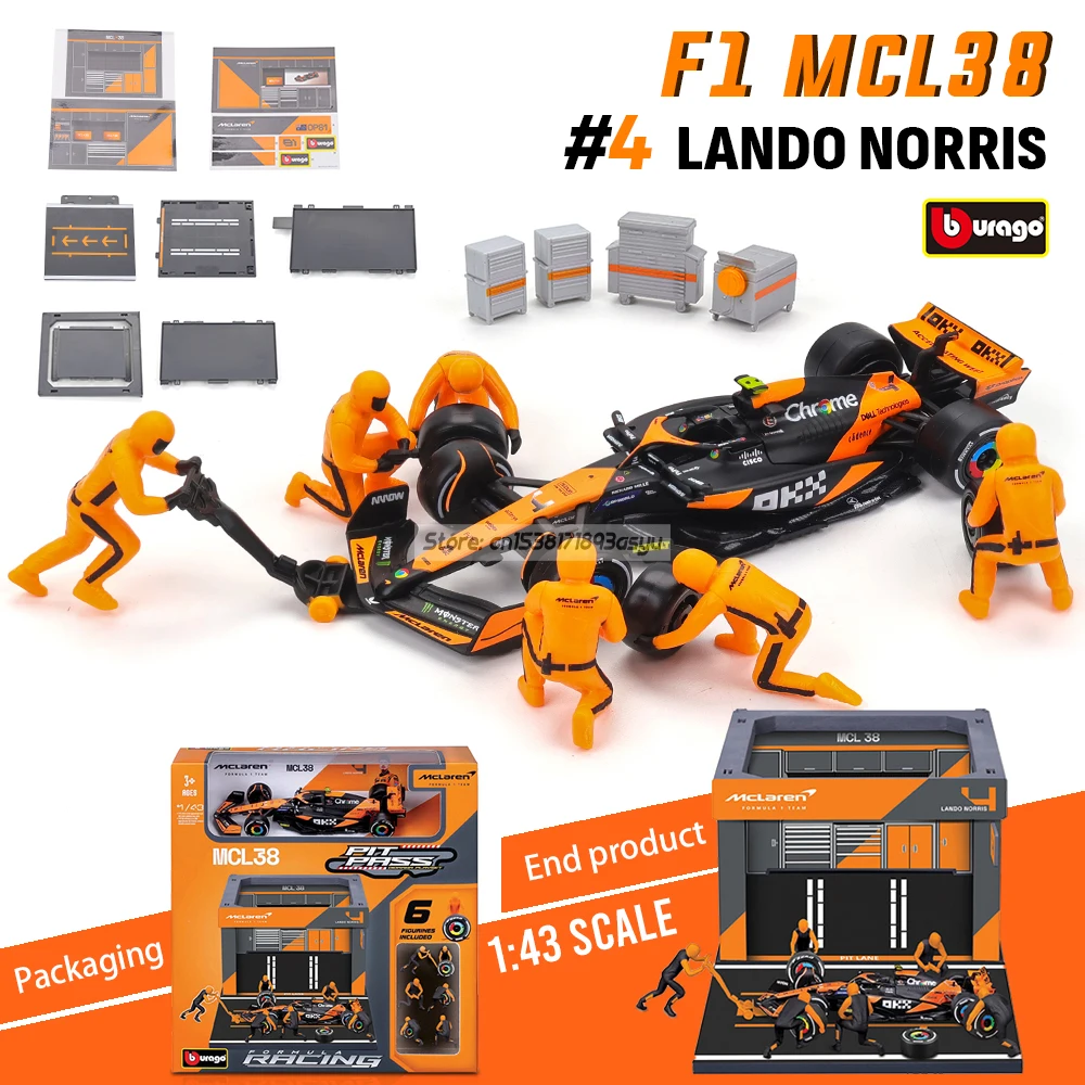 Bburago 1:43 2024F1 DIY Pit House modelo de carro em liga Mclaren MCL38 # 4 Lando Norris # 81 Oscar Piastri Ferrari Red Bull Mercedes Benz