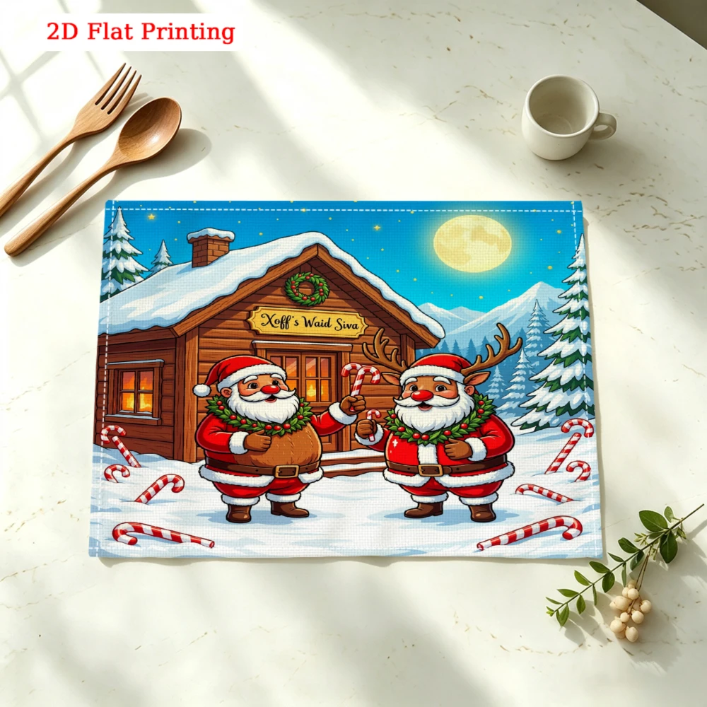 Two Santas Outside Winter Cabin Kitchen Placemat Coaster Linen Pad Dish Coffee Cup Table Mat 30x40cm Home Decor