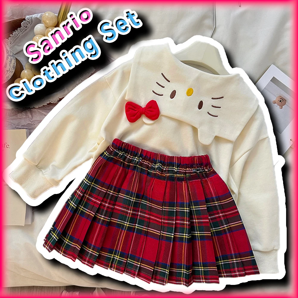 Sudadera con capucha de Hello Kitty para niños, chaqueta de lana de Sanrio, Falda plisada de Anime, Top de manga larga, Kawaii, novedad de otoño, 2024