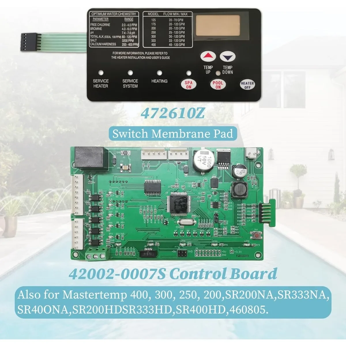 

42002-0007S Pool Heater Control Board kit with 472610Z Switch Membrane Pad Compatible with Mastertemp & Sta-Rite Max-E-Therm