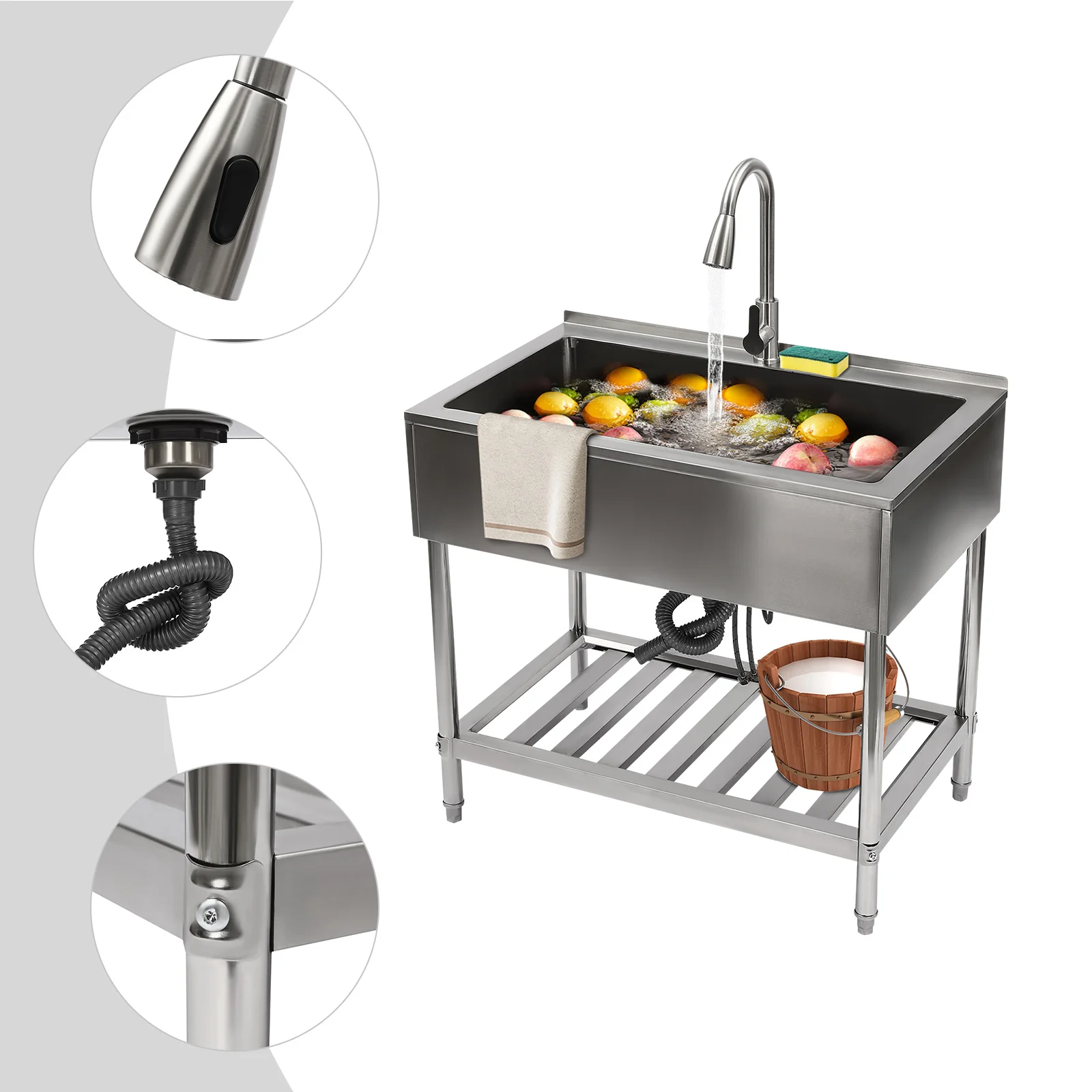Stainless Steel Kitchen Sink 35.8*23.2 Kitchen Sink Stainless Single Sink w/ Hot &Cold Dual Tap for Washing Utensils