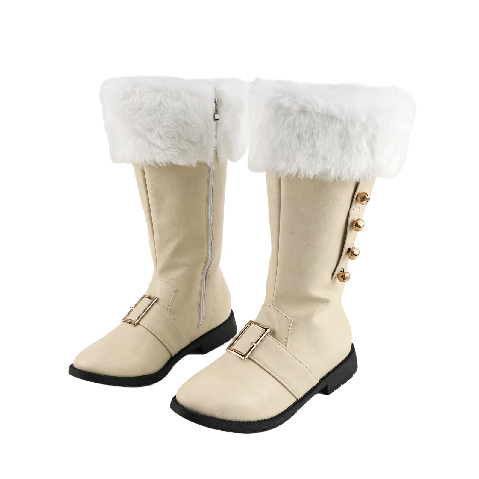 Stivali natalizi da Babbo Natale Stivali da combattimento da uomo al polpaccio largo Scarpe cosplay con polsini in peluche bianchi per il costume di Natale di Halloween