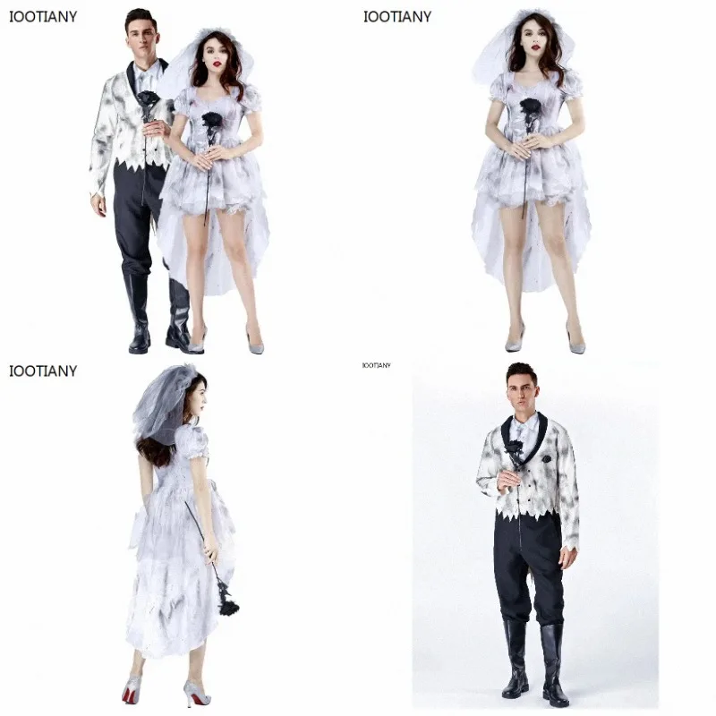 Graues Geisterbraut-Bräutigam-Cosplay-Paarkostüm, Halloween-Vampir-Kostüme, Karnevalsparty-Outfits für Erwachsene für Männer und Frauen