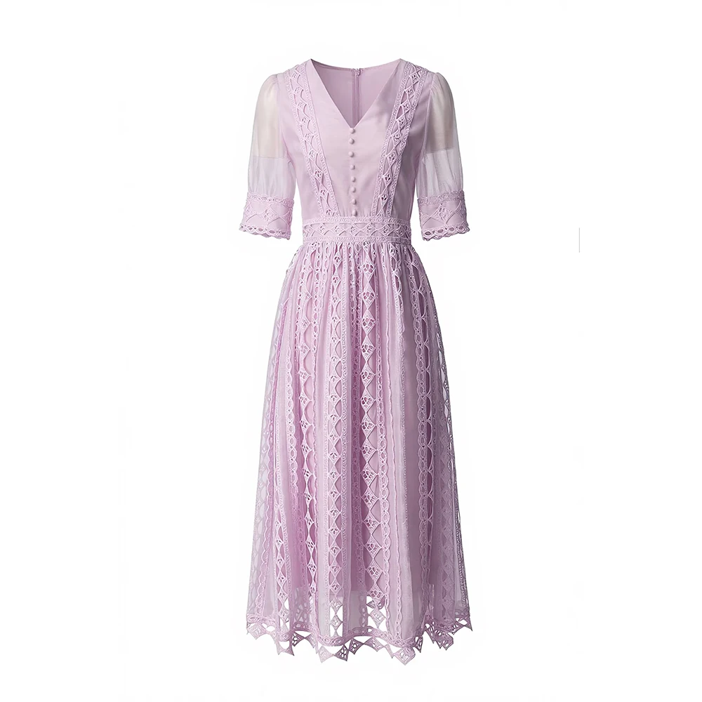 

Meyyithun Women's Dress Spring&Summer New Hollow Out Cotton V-neck Short Sleeve Dress Lady Dress Midi Dress 251112Z01