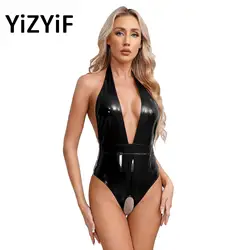 Women Glossy Patent Leather Bodysuit Exotic Halter V Neck Open Crotch Leotard Catsuit Jumpsuit Porn Crotchless Lingerie Clubwear