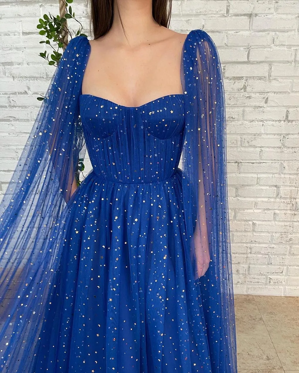 Sevintage Sparkly Royal Blue Starry Tulle Prom Dresses ยาว Cape Sweetheart A-Line ชุดพรรคอย่างเป็นทางการ2022ชุดราตรี