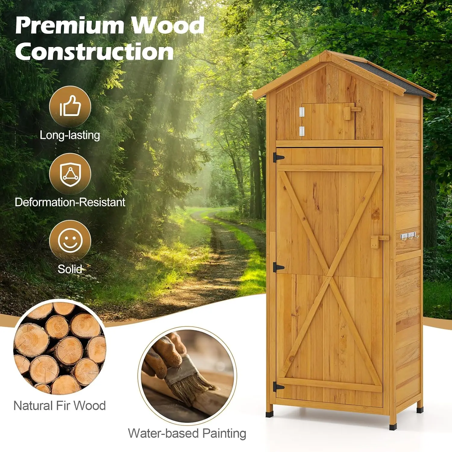 Wooden Storage Cabinet w/Foldable Table & Shelves, Lockable Tool Organizer w/Hooks, Waterproof Outdoor Shed, Customized