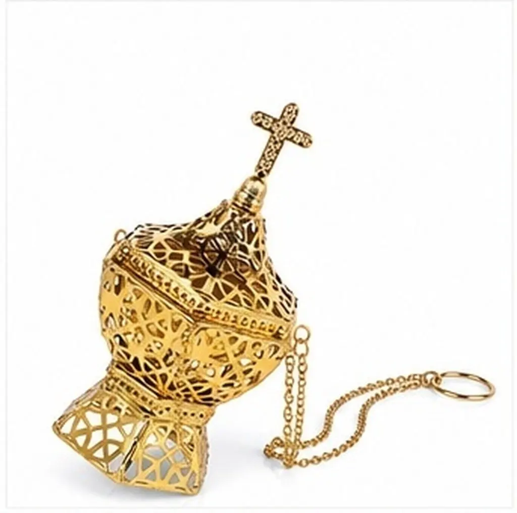 Gold Cross Incense Burner – Metal Hanging Bakhoor Holder for Aromatherapy, Church, Orthodox & Middle Eastern Use
