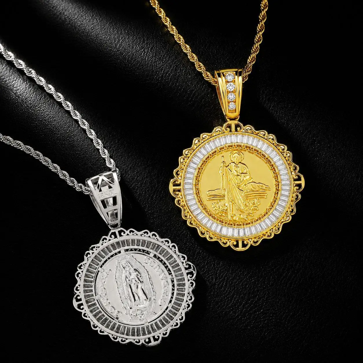 Iced Out San Judas Pendant Necklace for Men, 14K Gold Plated / Silver Plated Round Medallion with Baguette Cubic Zirconia, Hip H