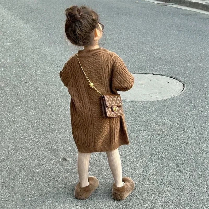 Childrens Clothing 2024 Korean Girls Versatile Dress 2024 Spring  Autumn New Girls Baby Coffee Colored Sweater Long Skirt