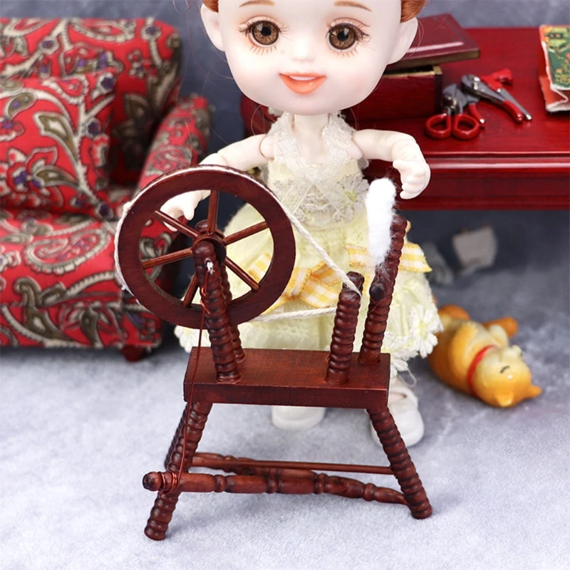 Mini Spinning Wheel Miniature Dollhouse Furniture Wooden Vintage Models for Doll House Accessories Photo Props Party Toy