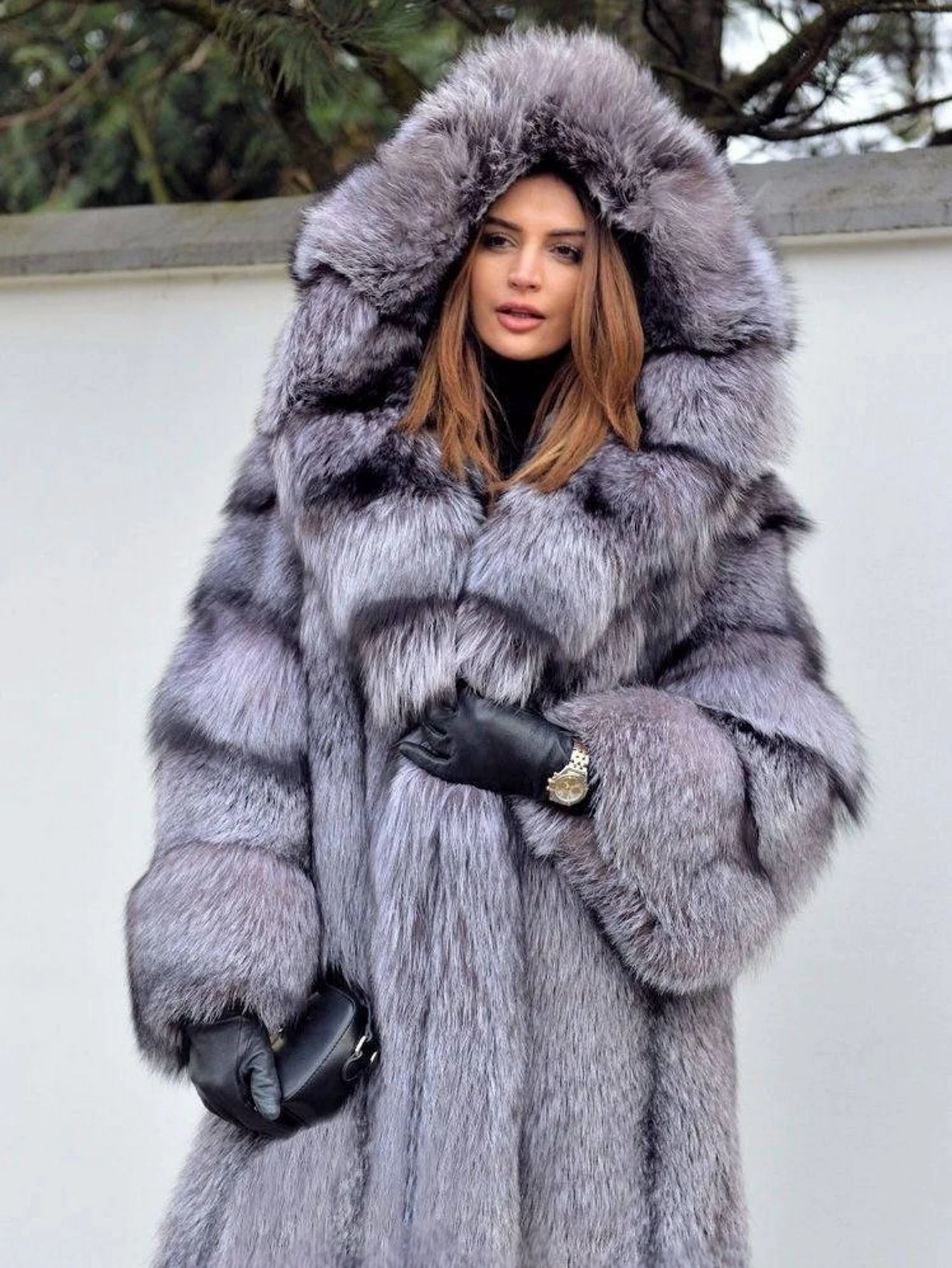 Women's faux fur coat long hooded elegant fashion casual street faux fur coat