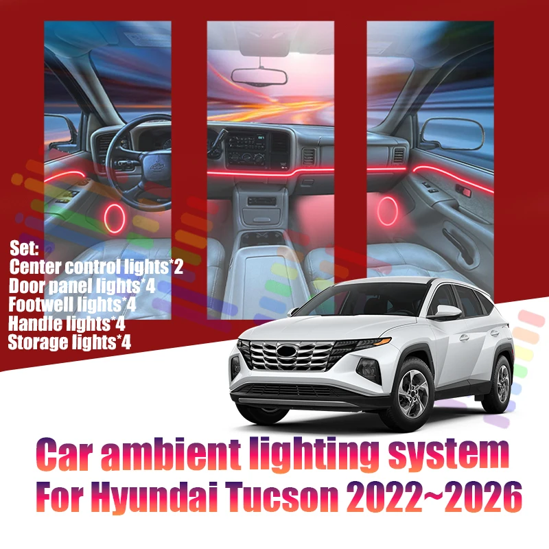 Für Hyundai Tucson 2022~2026 NX4 MK4 Auto LED Ambientebeleuchtung Farbige Atmosphärenlichter Auto-Innenraum Neonstreifen 64 RGB Beleuchtung
