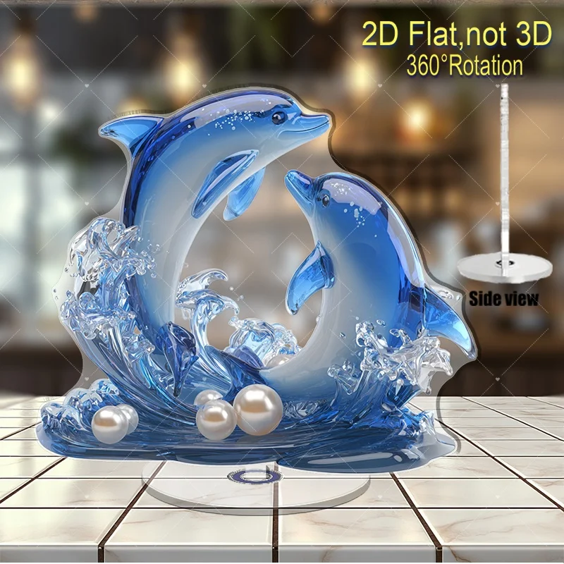 2D Flat, 2D Flat Rotating Acrylic Dolphin Ornament, Adorned with Sparkling Water Ripples And Pearls - Bright Blue Nautical Style