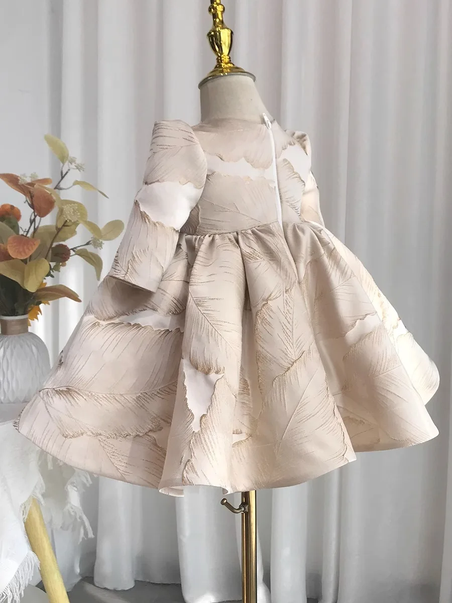 Children's Birthday Baptism Dress Girls Cute Bow Design Long Sleeve Wedding Party Performance Dress y1143