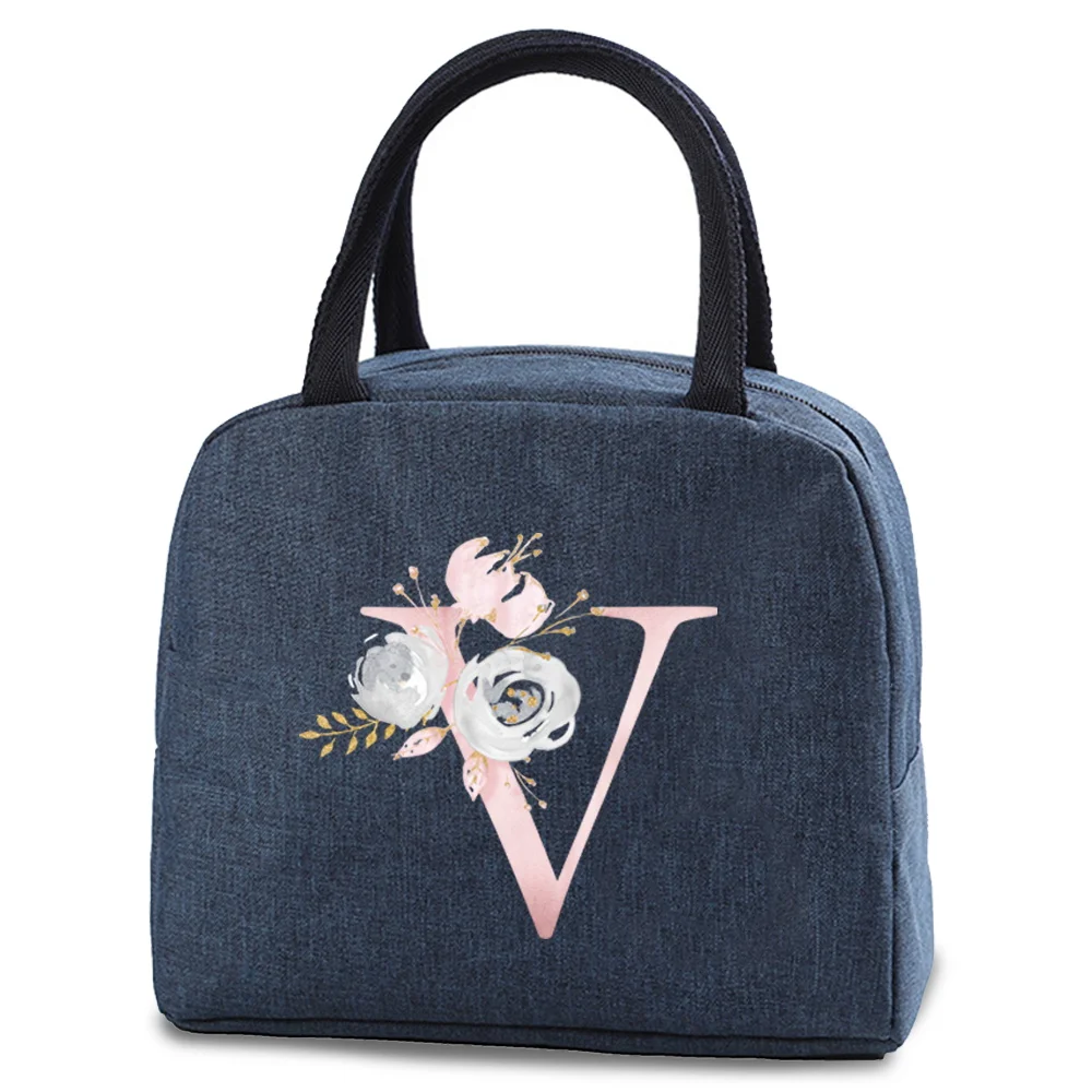 

Thermal Lunch Dinner Bags Canvas Pink Flower Letter V W X Y Z Handbag Picnic Travel Breakfast Box Convenient Lunch Food Bag Tote