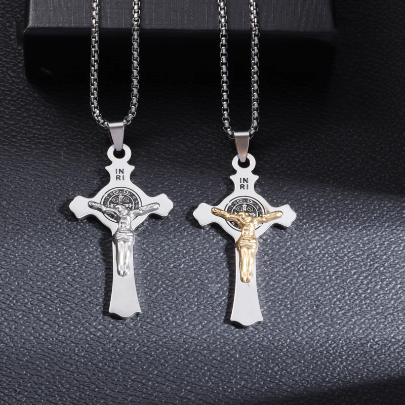 Saint St. Benedict Pendant Stainless Steel Christian Jesus Cross Necklace Men and Women Religious Catholic Amulet Jewelry