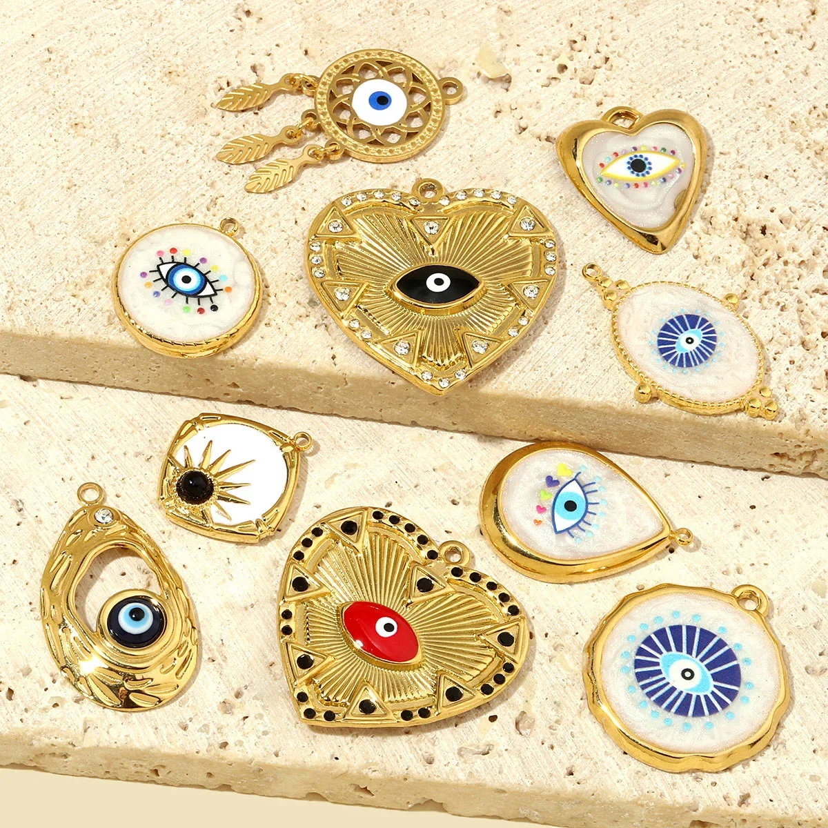 3pcs/Lot French Enamel Evil Eye Stainless Steel Diy Charms Women Natural Stone Love Necklace Pendant Dream Catcher Jewelry
