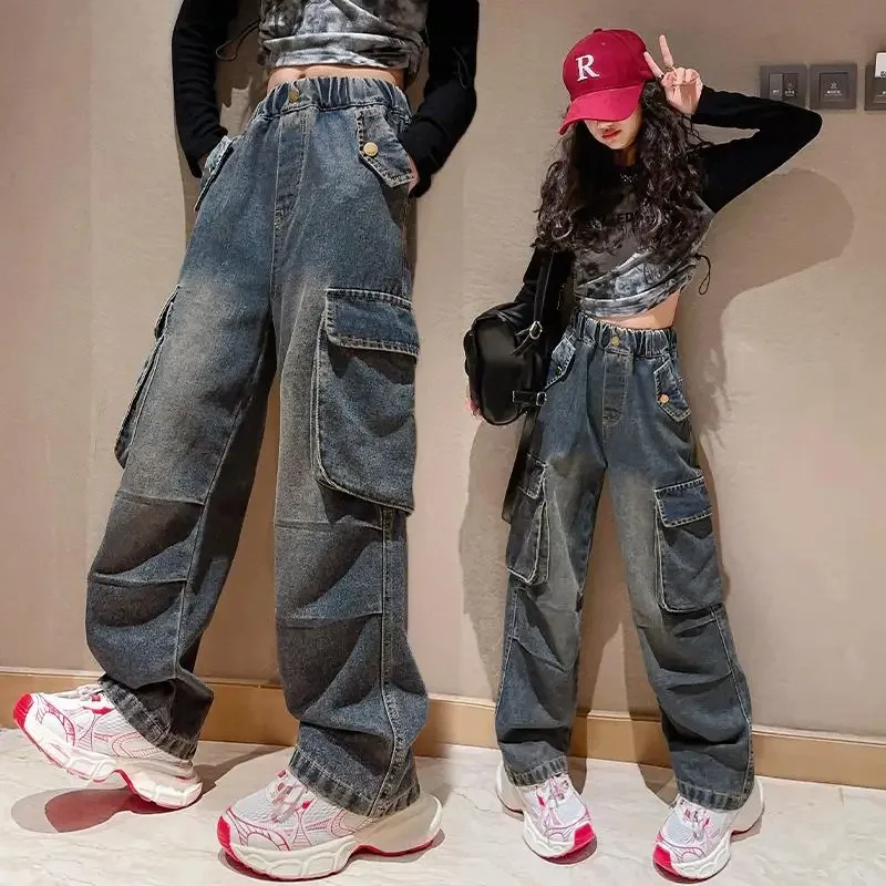 

2024 Spring Autumn Young Girls' Jeans Cargo Pants Wide-leg Loose Elastic Waist Retro Causal Fashionable Korean 4-13 Years Old