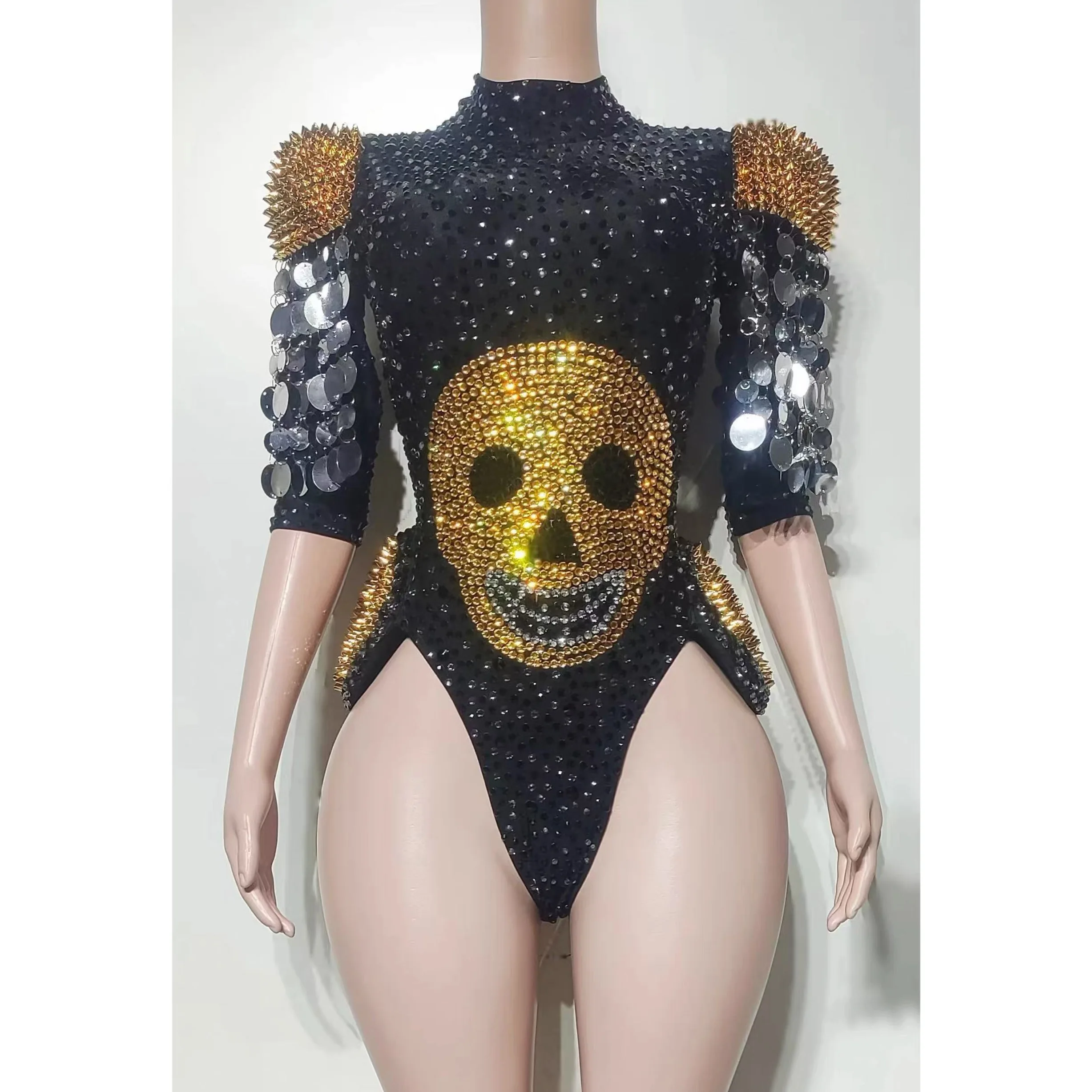 2025 Sparkly Full Diamonds Sequin Skull Pattern High Fork Bodysuit Nightclub Bar Singer Party Guest Performance Festival Costume