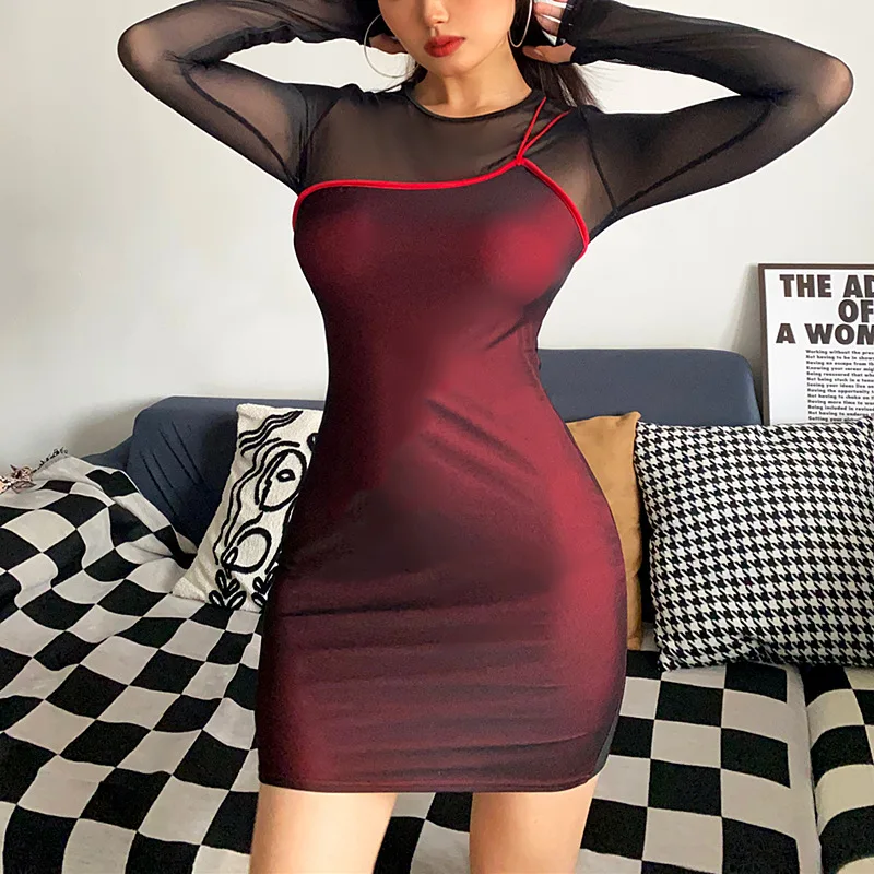 Candyhot خمر الدانتيل شير الملابس طويلة الأكمام مثير Bodycon فساتين صغيرة Y2K موضة القوطية المرأة فستان حفلة كلوبوير Vestido
