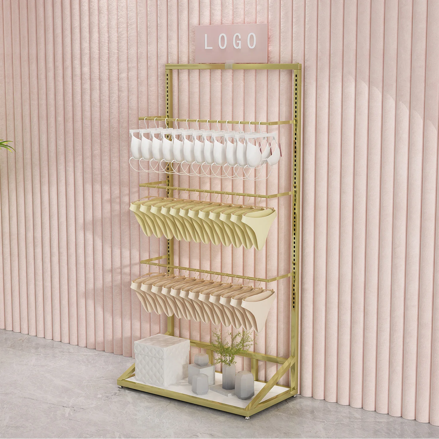 

Bra display rack against the wall Adjustable underwear side hanger Underwear store Floor to the middle island rack Underwear is