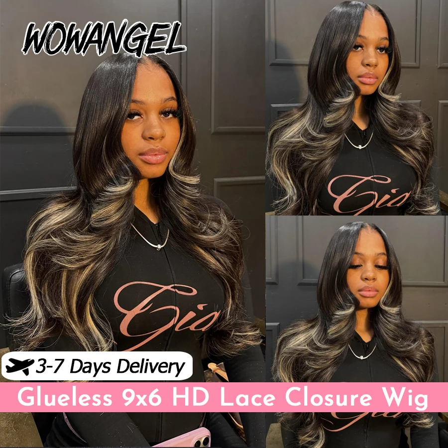 

WOWANGEL 613 Светлый парик с черными прядями, предварительно нарезанный, с HD-кружевной застежкой 9x6, из бразильских волос, с предварительно выщипанными корнями, волнистый, без клея