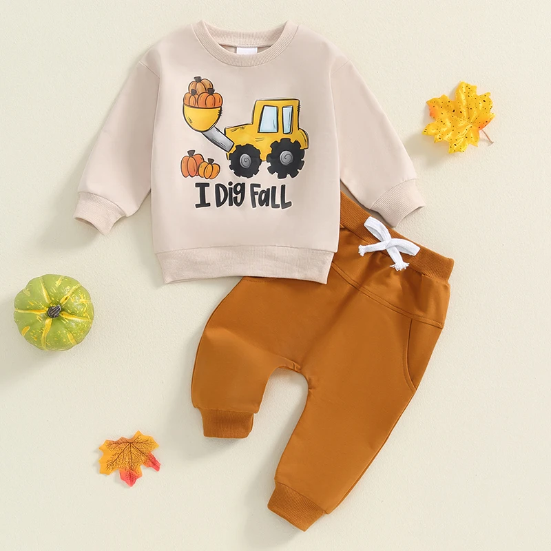 2024-06-13 Lioraitiin Baby Boy Halloween Outfit Trucker Pumpkin Print Long Sleeve Sweatshirt and Elastic Pants Set for Toddler