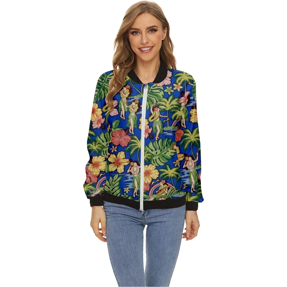 Women's Jacket Tops Long Sleeves Hawaii Flower Print Baseball Collar Zipper Coat Slim Fashion Lady Girls bomber Jacket