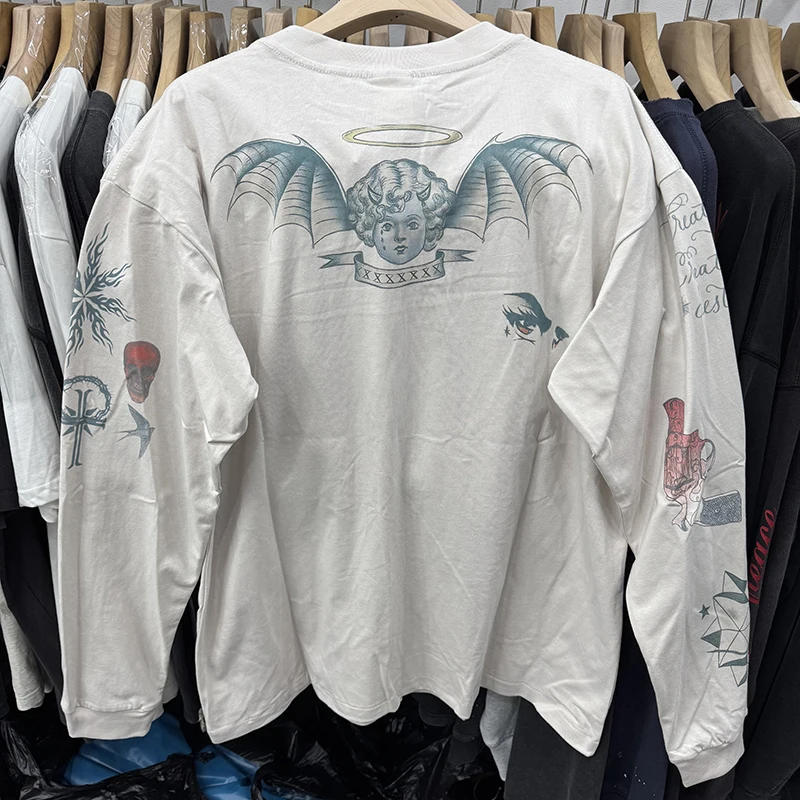 Moda urbana Saint cuello redondo estilo japonés estampado de Ángel Vintage camiseta de alta calidad hombres mujeres Woo camisetas de manga larga