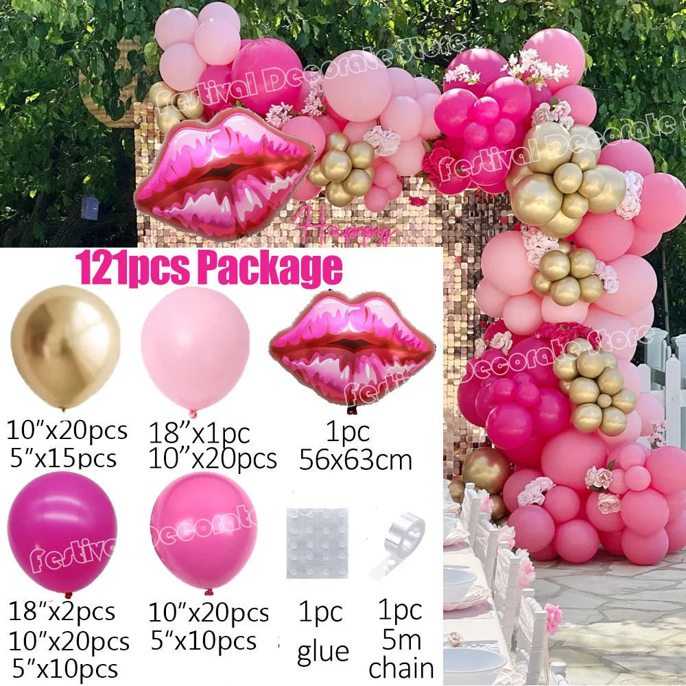 121pcs Rose Red Macaron Pink Balloons Garland Big Lips Foil Balloon for Valentine's Day Wedding Girl Birthday Party Decoration