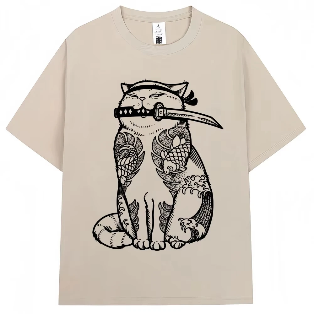 Japanese Samurai Cat Tattoo Kawaii T Shirt Men Women Summer Vintage Fashion T-shirts Street Cool Oversized Cotton Casual Tees