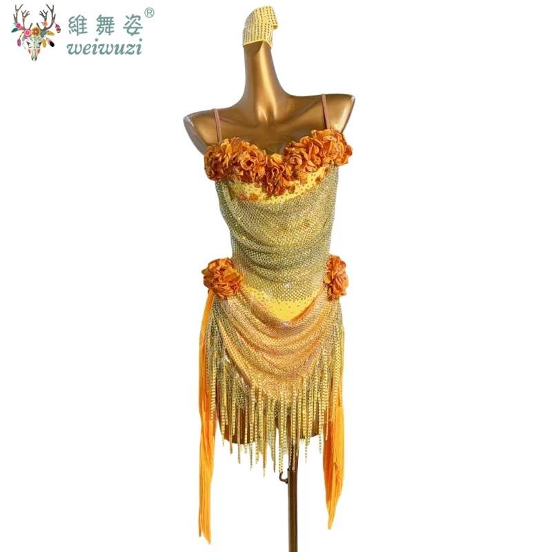 Latin Dance Performance Costume Diamond Female Adult Children High End Customized Flower Collar Fringed Dress Samba Flash Dress
