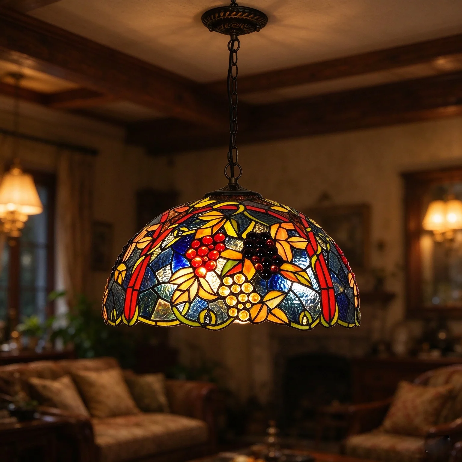16 Inch American Rural Vintage Grape Chandelier Tiffany's Stained Glass Restaurant Bar Club Bedroom Decorative Pendent Lamp