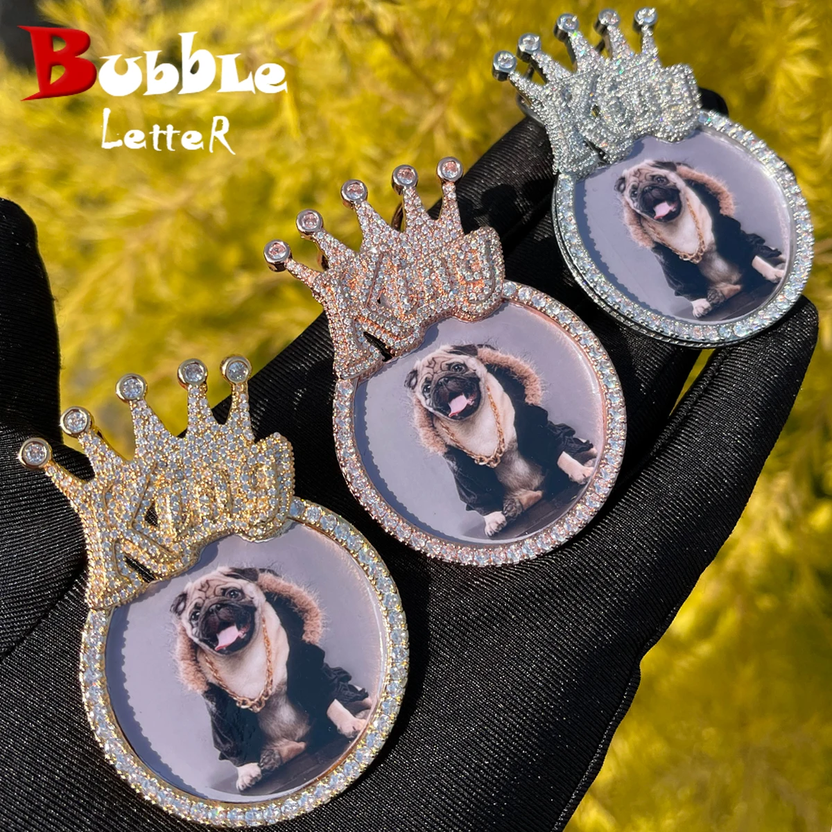 Bubble Letter Custom Photo Necklace for Men King Crown Bail Memory Picture Personalized Pendant Iced Out Zircon Hip Hop Jewelry