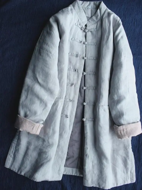 

Женская хлопковая куртка средней длины с пуговицами в традиционном китайском стиле, тонкое хлопковое пальто для повседневной носки, с длинными рукавами