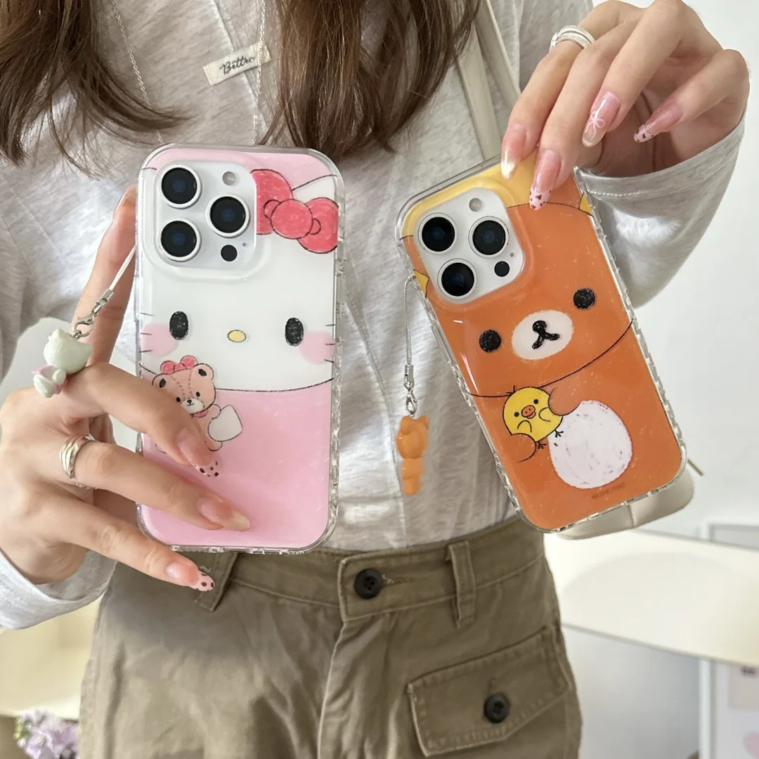 

Funny Graffiti Hello Kitty Bear Same Pendant Accessories Phone Case For iPhone16 15 14 Pro Max Double-Layer lmd Protective cover