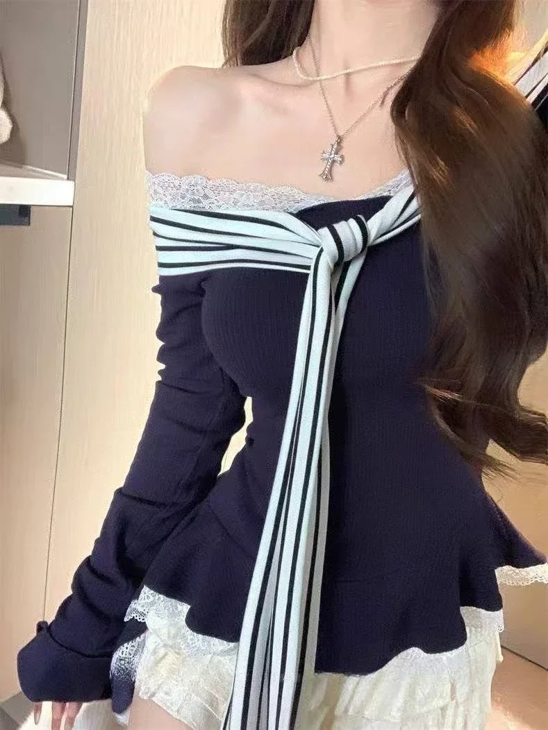 Subculture Aesthetic Long Sleeve Tees for Ladies Y2K Vintage Cute Slim Fit Tops Sweet Lolita Style Casual Autumn Pullover Shirts