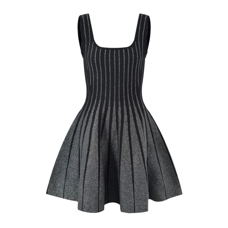 Socialite vertical stripes silver bright flash knit short dress 2024 new fall halter dress