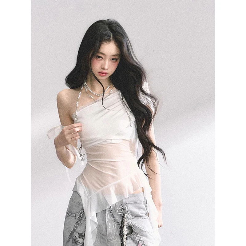 Y2k White Irregular T Shirts Women Streetwear Sexy Mesh Sheer Crop Tops Grunge Black Skew Collar Tees Fashion Slim Clothes
