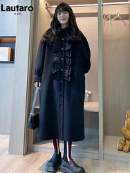 Lautaro Autumn Winter Long Loose Stylish Blue Black Ruffled Woolen Coat Women Lantern Sleeve Elegant Luxury Designer Clothes