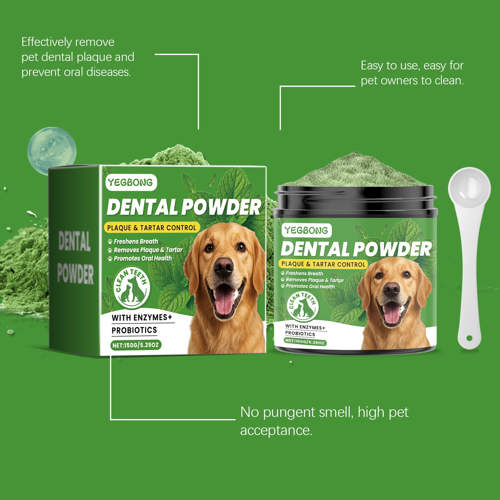 Yegbong 150g Pó de Limpeza de Dentes de Cachorro - Cuidado Dentário Suave para Animais de Estimação - Remove Tartar, Manchas e Mal hálito - Esqueia os Dentes
